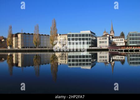 Herbst-Szene in Schaffhausen, Schweiz. Bäume und Gebäude spiegeln in den Rhein. Stockfoto