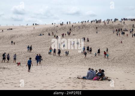 Touristenverkehr im Slowinski Nationalpark in Polen, sich bewegende Dünen Stockfoto