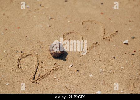 Wort 2022 geschrieben auf dem Sand eines Strandes. Neujahr 2022 Text am Strand. Urlaub entspannen Stockfoto