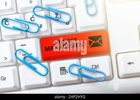 Textüberschrift mit Darstellung von Projektmanagement, Unternehmensübersicht Fähigkeiten im Bewerbungsprozess zur Erreichung von Zielen und Zieleingabe Produkttitel und Beschreibung Stockfoto