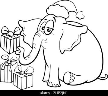 Cartoon Elefant auf Weihnachtszeit Malbuch Seite Stock Vektor