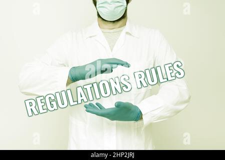 Regeln für die konzeptionelle Darstellung Regeln, Wort für Standardverordnungsverfahren regeln die Kontrolle eines Verhaltens Wissenschaftler, der neue Technologie demonstriert, Arzt Stockfoto
