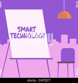 Hand schreiben Zeichen Smart Technology, Internet-Konzept Gadgets oder Gerät, das einen eingebauten Computer oder Chip leer Portrait Artwork Design mit Skyscra hat Stockfoto