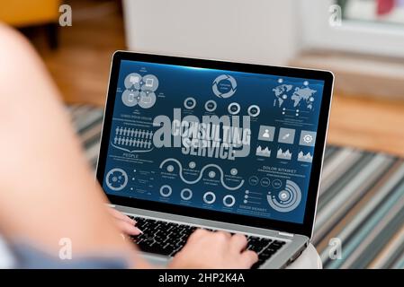 Conceptual caption Consulting Service, Word for Experts that offers Knowledge to a third Party for a Fee Woman sitting with Laptop Zurück aktiv anzeigen Stockfoto