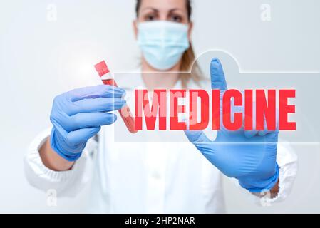 Schild mit Medizin, Wort auf Einer Substanz oder einem Präparat geschrieben, das zur Behandlung von Krankheiten verwendet wird Pillen, die toxische Viren untersuchen Virusentdeckung analysieren Neu Stockfoto