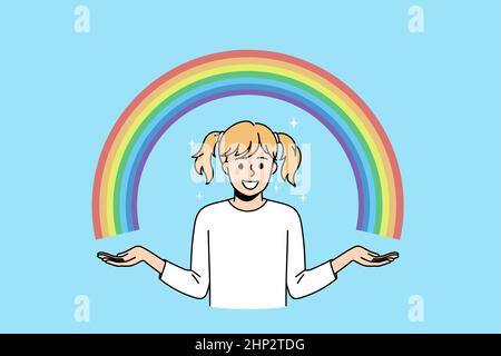 Genießen Sie natürliche Regenbogenfarben Konzept. Kleines lächelndes Mädchen stehen und zeigen bunten Regenbogen mit zwei Händen über blauen Hintergrund-Vektor-illus Stockfoto