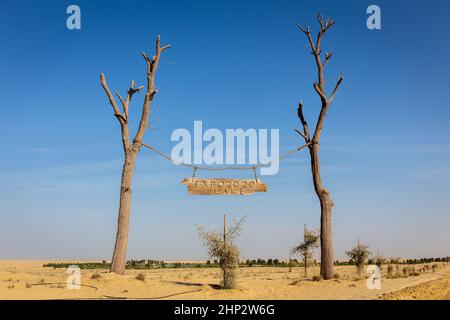 Dubai, VAE, 15.12.2021. Expo 2020 Dubai Holzlogo, das zwischen zwei Bäumen am Eingang zum Expo Lake in Dubai hängt. Stockfoto