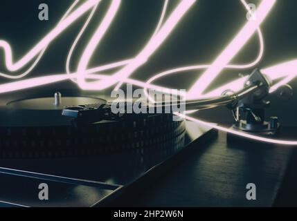 Ein Konzept Showinga vintage Plattenspieler Plattenspieler umgeben von glühenden tanzenden Lichtspuren 3D Render Stockfoto