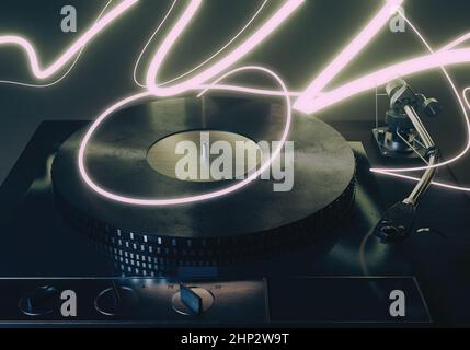 Ein Konzept Showinga vintage Plattenspieler Plattenspieler umgeben von glühenden tanzenden Lichtspuren 3D Render Stockfoto