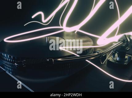 Ein Konzept Showinga vintage Plattenspieler Plattenspieler umgeben von glühenden tanzenden Lichtspuren 3D Render Stockfoto