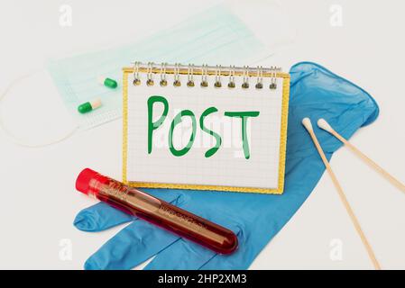Schreiben Anzeigen von Text Post, Wort auf einem Stück des Schreibens geschrieben, Bild oder andere Artikel von Inhalten online Vorbereitung und Verfassen von Verschreibungen veröffentlicht Stockfoto