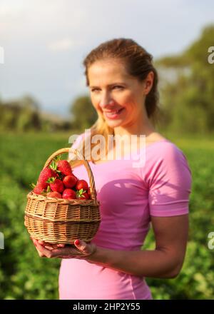 Korb voller rote reife Erdbeeren, verschwommenes junge Frau es Holding, und Strawberry Fields im Hintergrund. Stockfoto