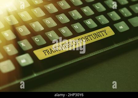 Textschild mit Franchise Opportunity, Business Overview Business License Privilege Owner to Dealer Affiliation Typing Cooking Instructions and Ingr Stockfoto