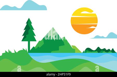 Landschaft Berg Fluss Vektor Illustration Design Vorlage Stock Vektor