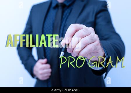 Schreiben Anzeige Text Affiliate-Programm, Internet-Konzept automatisierte Plattform von zwei oder mehr Parteien verbunden Präsentation neuer Pläne und Ideen Dämonen Stockfoto