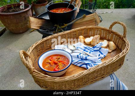 Über einem offenen Feuer wird Wassergulasch zubereitet! Stockfoto