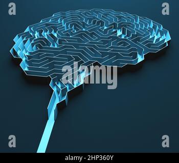 Hirnförmiges Labyrinth. Konzeptuelles Bild von Wissenschaft und Medizin. 3D Abbildung mit Beschneidungspfad im Lieferumfang enthalten. Stockfoto