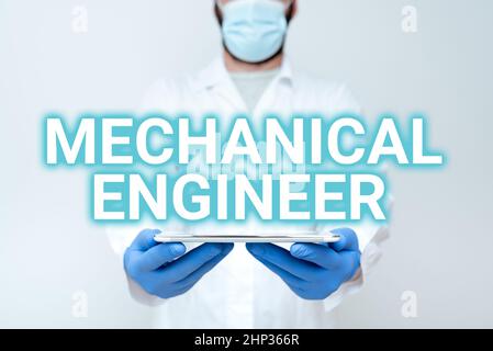 Schild mit Maschinenbauingenieur, Geschäftsvorstellung Applied Engineering Discipline for Mechanical System mit Präsentation der Medizintechnik Stockfoto