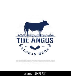 Angus Kuh Tier Logo auf Gras, Vintage Kuh Logo Design Inspiration Vektor Stock Vektor