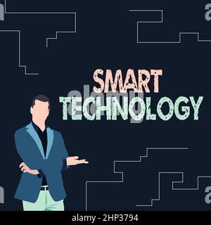 Hand schreiben Zeichen Smart Technology, Geschäftsidee Gadgets oder Gerät, das einen eingebauten Computer oder Chip hat Illustration des Geschäftsmannes tragen Mantel Pres Stockfoto