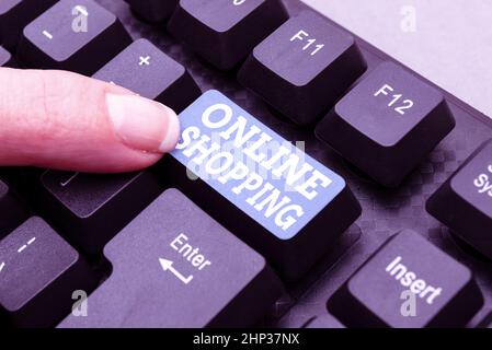 Sign Anzeige Online-Shopping, Word für ermöglicht es Verbrauchern, ihre Waren über das Internet zu kaufen Kompilieren und Eingabe von Online-Forschungsmaterialien, Sendin Stockfoto
