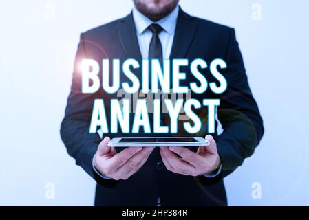 Textunterschrift präsentiert Business Analyst, Konzeptfoto jemand, der ein großes Unternehmen oder eine Website analysiert und neue Technologieideen präsentiert Dis Stockfoto