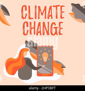 Textüberschrift mit dem Klimawandel, Wort für Veränderung des erwarteten Wettermusters einer Region Lady Pressing Screen of Mobile Phone Sh Stockfoto