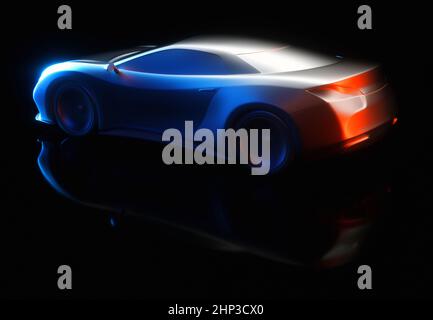 Sportwagen-Konzept in 3D Software hergestellt. Automobilprototyp und Designkonzept. Stockfoto
