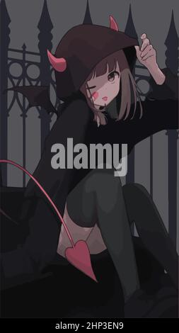 Niedliches Anime-Mädchen mit Hörnern in einem Umhang. Stock Vektor