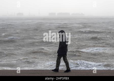 Southend on Sea, Essex, Großbritannien. 18th. Februar 2022. Der Sturm Eunice hat die Stadt an der Themse getroffen und einige Schäden verursacht, die die Menschen an die Küste locken. Eine einköpfige Person, die auf der Promenade am rauen Meer entlang läuft Stockfoto