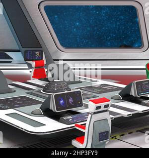 3D-Illustration des Kommandozentrums in einem Science-Fiction-Raumschiff Stockfoto