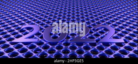 Glänzendes blaues Metallgittermuster mit Jahr 2022 als moderner Hintergrund, 3D Rendering Stockfoto
