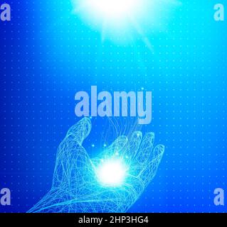 Idee erstellen, Handfläche Ihrer Hand. Konzeptentwicklung, digitale Identität. Speicherplatz kopieren. Einführung von künstlicher Intelligenz, dem Metaverse-Universum. Stockfoto