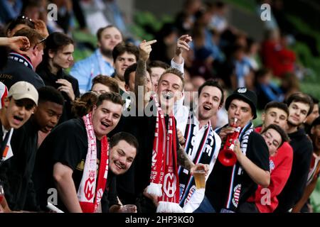 Melbourne, Australien, 18. Februar 2022. Fans von Melbourne City freuen sich über das A-League-Fußballspiel zwischen dem Melbourne City FC und den Newcastle Jets im AAMI Park am 18. Februar 2022 in Melbourne, Australien. Kredit: Dave Hewison/Speed Media/Alamy Live Nachrichten Stockfoto