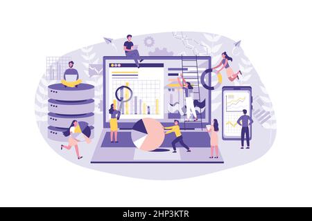 Geschäftskonzept Datenanalyse,Teamwork. Eine Gruppe von Angestellten führt Statistiken im Internet durch. Gemeinsame Ausführung von Aufgaben im Büro. Stock Vektor