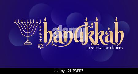 Illustration von Happy Hanukkah Schriftzug Schriften goldene Farbe mit isoliertem dunklen Hintergrund, Happy hanukkah Illustration mit Kerzenlicht Ornament, für Grußkarten, Einladung, Poster und Banner. Stock Vektor