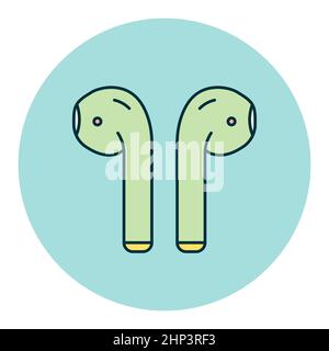 Farbevektor-Flat-Symbol für kabellose AirPods-Kopfhörer. Musikschild. Graph-Symbol für Musik und Sound Website und Apps Design, Logo, App, UI Stockfoto