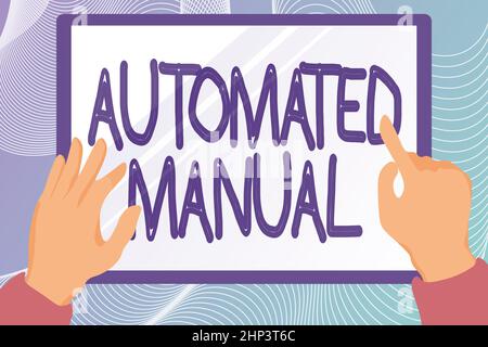 Textunterschrift mit automatischem Handbuch, Geschäftsidee als Triggerverschiebung und IT-Abteilung kann leicht zwischen Stimmungen wechseln Hände Illustration Halten Zeichnung an Stockfoto