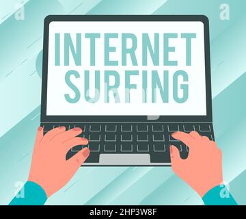 Textunterschrift mit Internet-Surfen, Wort geschrieben beim Surfen auf hundert Websites mit einem installierten Browser Illustration einer vielbeschäftigten Hand arbeiten Stockfoto