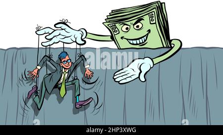 Männliche Geschäftsmann Marionette auf Seilen, Gelddollars Kontrolle und Management, Chef und untergeordneter Büroangestellter. Comic Cartoon vintage retro Hand Zeichnung il Stockfoto