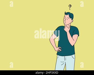 Ein junger Mann denkt, stellt Fragen. Fragezeichen-Symbol. Rätsel und Lösungen. Comic Cartoon Retro Handzeichnung Illustration Stockfoto