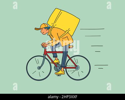 Männlicher Lebensmittelkurier per Fahrrad, Online-Lieferung. Beruf. Comic Cartoon Retro Handzeichnung Illustration Stockfoto