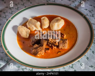 Wild Gulasch Wilderdtopf mit Knödeln mit Paprikasoße Stockfoto