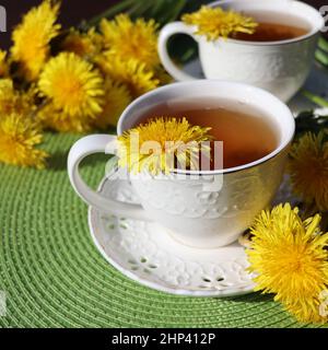 In einer Tasse mit einer frischen gelben Blume. Vitamingetränk. Dandelion Kräutertee für die Gesundheit. Stockfoto