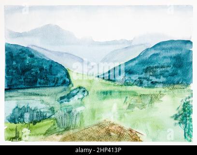Überwuchert mit grüner Graswiese im Bergtal in Bayern, handgezeichnet von Aquarellen auf weißem Strukturpapier Stockfoto