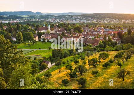 Blick auf Arlesheim mit dem Arlesheimer Dom und anderen Teilen des Basler Landes, Schweiz. Goldene Stunde. Bild aus öffentlichem Boden. Stockfoto