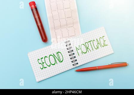 Textunterschrift mit der zweiten Hypothek, Wort für Pfandrecht auf dem Grundstück, das dem höherrangigen unterstellt ist, Lesen des Graphen und Schreiben wichtiger medizinischer Versorgung Stockfoto