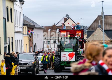 Bornheim, Nordrhein-Westfalen, Deutschland - 22. Februar 2020: Gruppe von Frauen in Karnevalskostümen auf einem festlich geschmückten Festwagen, tanzend und jubelend Stockfoto