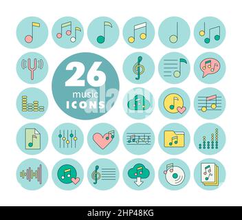 Farbvektorsymbole für Musiknoten eingestellt. Graph-Symbol für Musik und Sound Website und Apps Design, Logo, App, UI Stockfoto