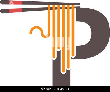 Buchstabe P mit Essstäbchen und Noodle Icon Logo Stock Vektor